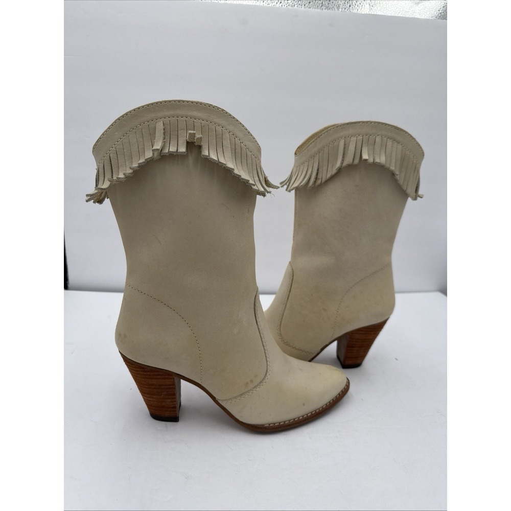 Vtg 80s-90s‎  Upstage Ivory Fringe Cowboy Boots Size 8 1/2 Brazil Leather